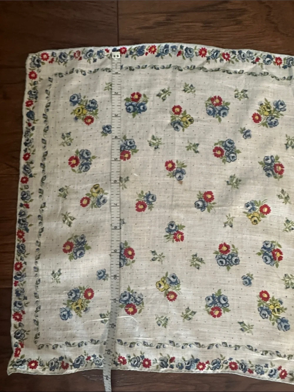 Vintage Floral Cotton Handkerchief with Blue Border